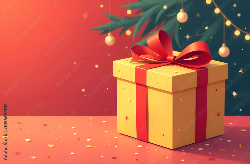 Festive gift box on red backdrop for Christmas, space for text. Festive gift box on red backdrop for Christmas, space for text.