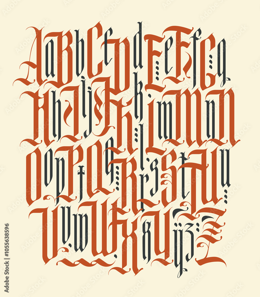 Gothic font composition. Full set of capital and small letters of the English alphabet in vintage style. Medieval Latin letters. Vector calligraphy and lettering. Suitable for tattoo, label, logo Gothic font composition. Full set of capital and small letters of the English alphabet in vintage style. Medieval Latin letters. Vector calligraphy and lettering. Suitable for tattoo, label, logo