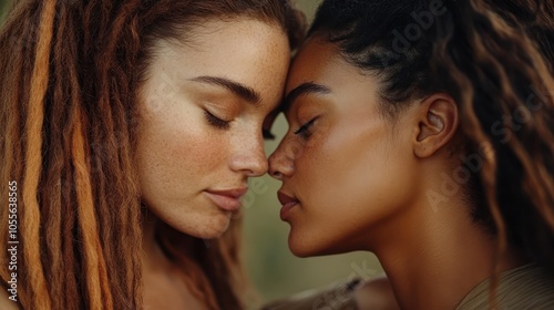 Two women with different hairstyles gently touch foreheads, symbolizing connection and intimacy, set in a softly lit natural environment.