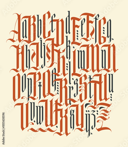 Gothic font composition. Full set of capital and  small letters of the English alphabet in vintage style. Medieval Latin letters. Vector calligraphy and lettering. Suitable for tattoo, label, logo