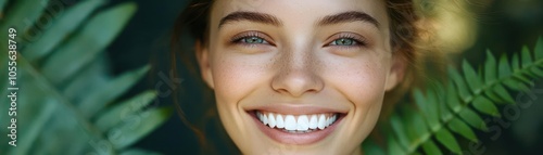 Wallpaper Mural Young woman s relaxed smile, white teeth showing, nature background, serene beauty Torontodigital.ca