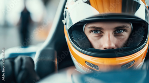 Close-up of a race car driver wearing an orange helmet and reflective visor inside a racing vehicle, showing focused eyes and intense expression before a race. photo