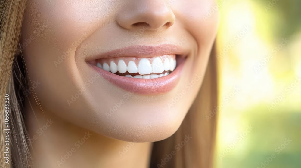 Obraz premium Young woman with bright smile, white teeth, outdoor sunlight, natural beauty and freshness
