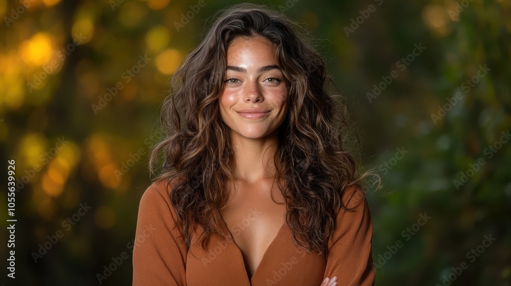 A confident woman smiles warmly as she stands amidst nature, her wavy hair and casual clothes enhancing her approachable charisma in a lush green environment. A confident woman smiles warmly as she stands amidst nature, her wavy hair and casual clothes enhancing her approachable charisma in a lush green environment.