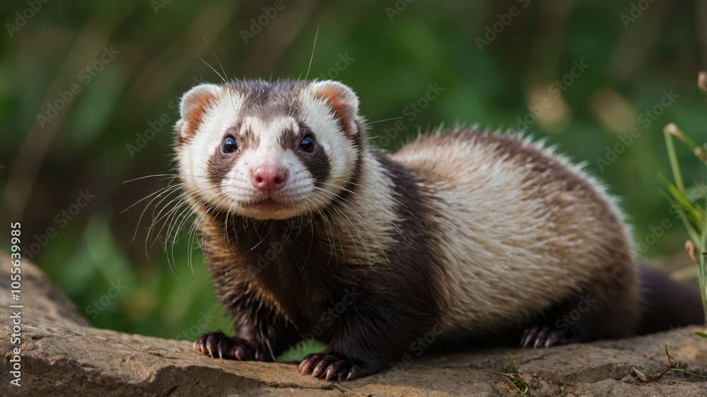 A close-up of a ferret with distinctive markings, posing on a log in a natural setting. A close-up of a ferret with distinctive markings, posing on a log in a natural setting.