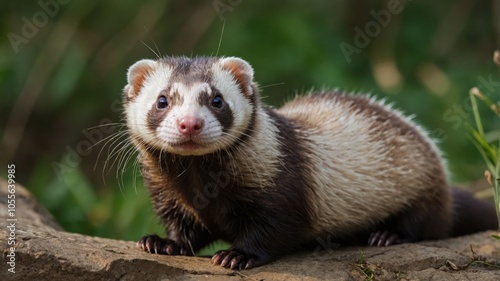 A close-up of a ferret with distinctive markings, posing on a log in a natural setting.