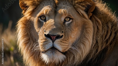 A close-up of a lion's face showcasing its majestic features and intense gaze.