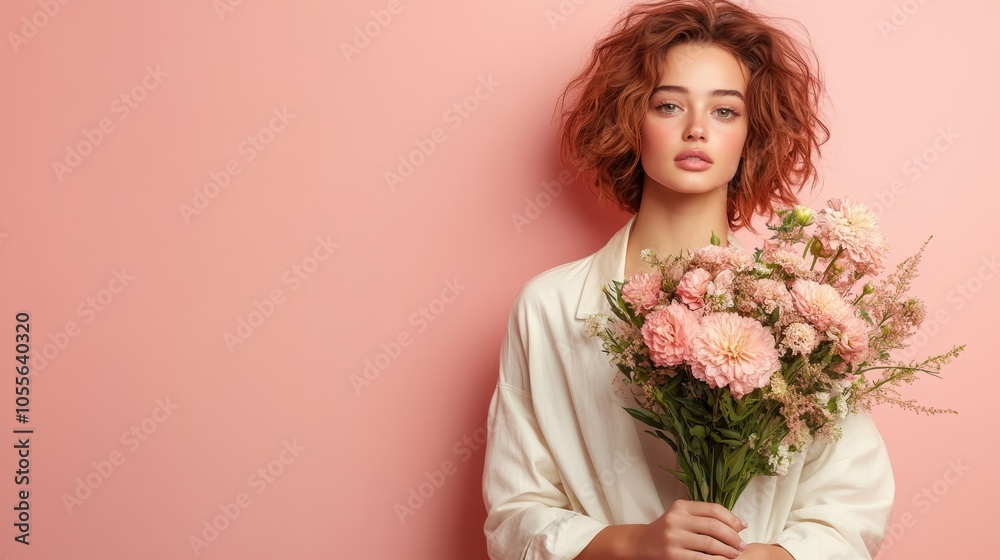 A stylish woman with red hair and a white shirt holds a detailed bouquet of flowers against a pastel pink background, symbolizing freshness and modern elegance.