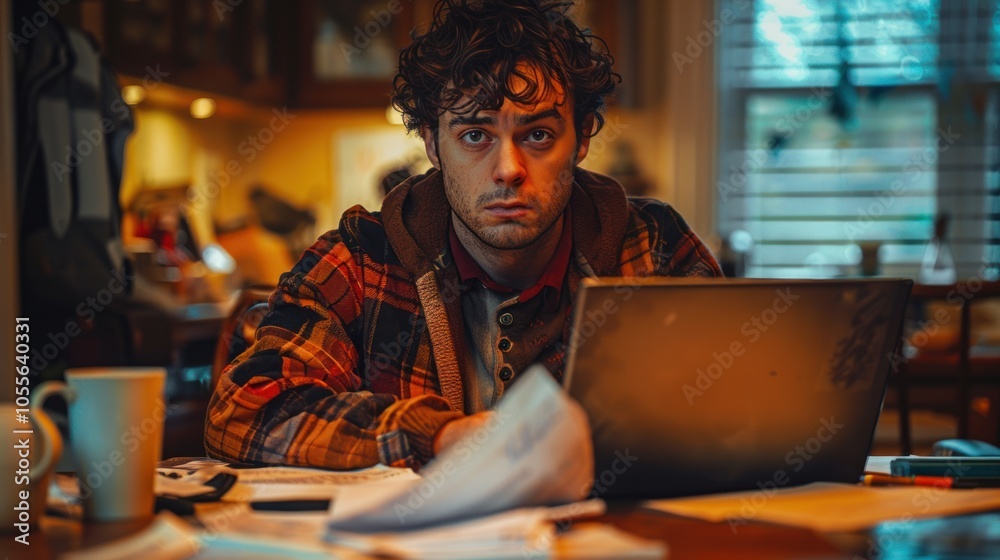 Mature man with puzzled look sitting at table and working on laptop against window background. Mature man with puzzled look sitting at table and working on laptop against window background.
