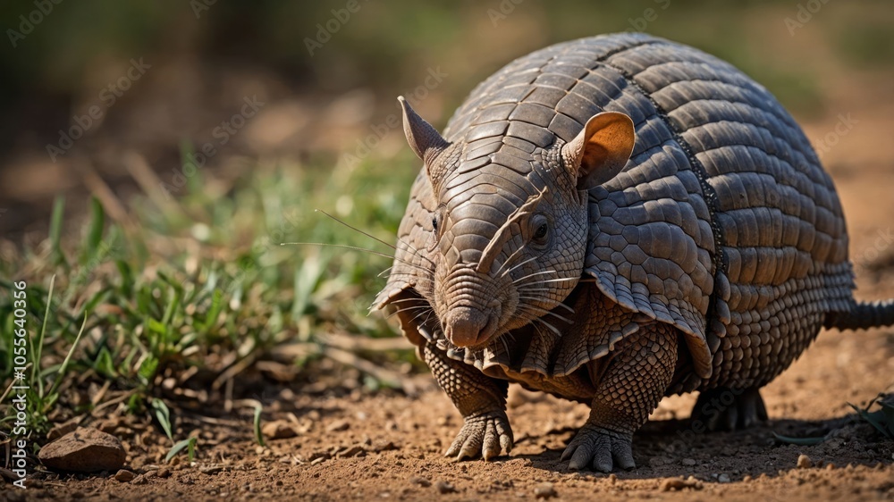 A close-up of an armadillo on a dirt path surrounded by grass. A close-up of an armadillo on a dirt path surrounded by grass.
