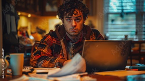 Mature man with puzzled look sitting at table and working on laptop against window background.