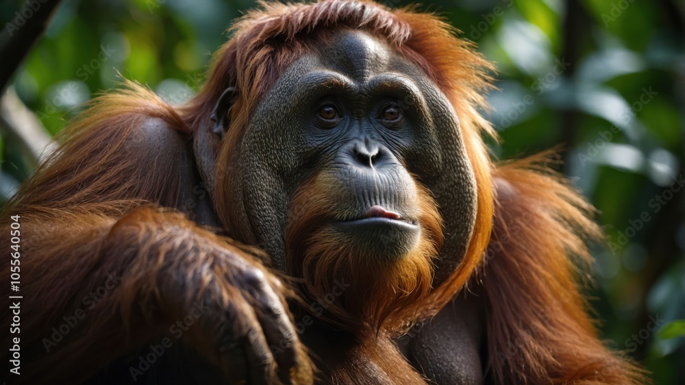 A close-up of an orangutan in a lush green environment, showcasing its expressive face. A close-up of an orangutan in a lush green environment, showcasing its expressive face.