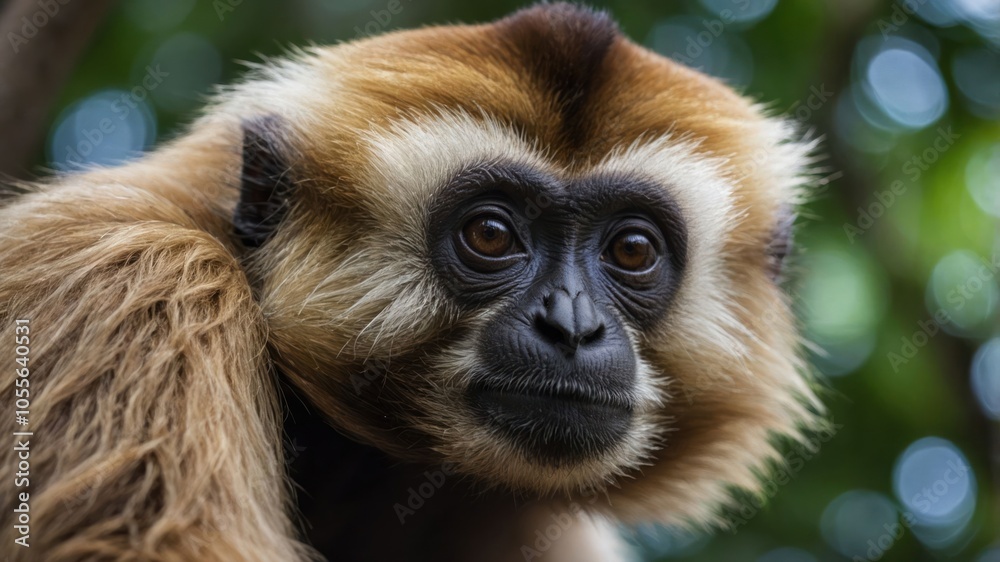 Close-up of a gibbon showcasing its expressive face and fur in a natural setting. Close-up of a gibbon showcasing its expressive face and fur in a natural setting.