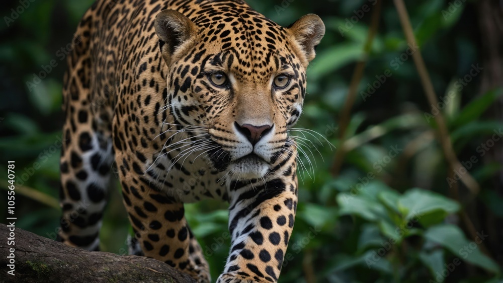 A close-up of a jaguar walking through lush greenery, showcasing its striking coat and features. A close-up of a jaguar walking through lush greenery, showcasing its striking coat and features.