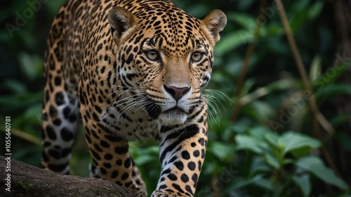 A close-up of a jaguar walking through lush greenery, showcasing its striking coat and features.