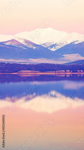 A serene high-resolution landscape of a calm mountain lake surrounded by towering pine forests. Snow-capped peaks reflect perfectly on the mirror-like water surface under a pastel-colored dawn sky.