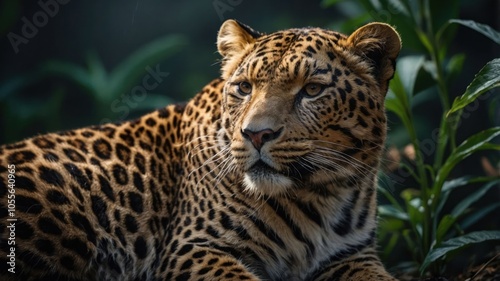 A close-up of a leopard resting among lush green foliage.