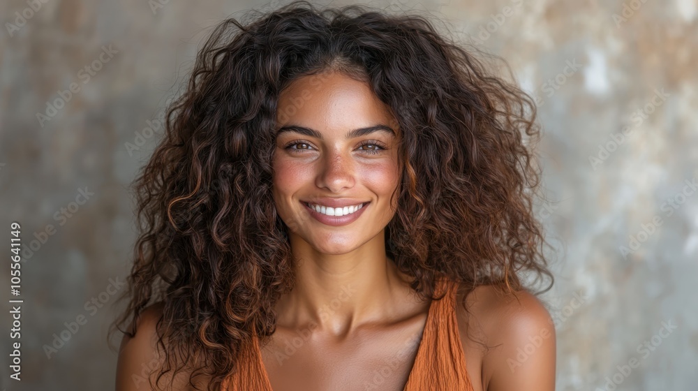A joyful woman with curly hair and a warm smile wears an orange top against a textured background, emphasizing happiness and natural beauty with earth tones. A joyful woman with curly hair and a warm smile wears an orange top against a textured background, emphasizing happiness and natural beauty with earth tones.