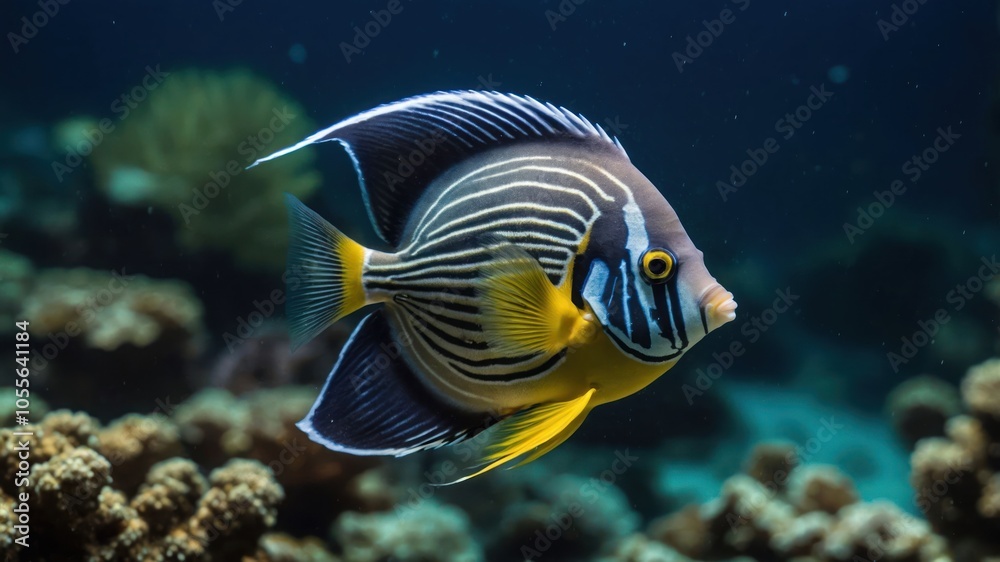 A vibrant fish swimming among coral in a clear ocean environment. A vibrant fish swimming among coral in a clear ocean environment.