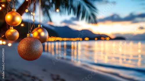 Tropical Christmas Eve: Golden ornaments adorn a palm tree, silhouetted against a breathtaking sunset over a tranquil beach. The scene evokes a sense of warm, exotic Christmas cheer.