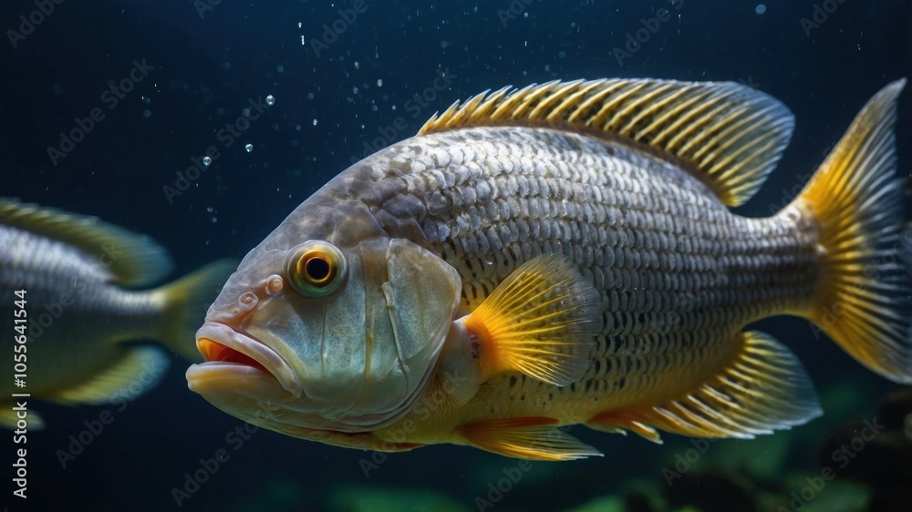 A close-up of a vibrant fish swimming in a dark aquatic environment. A close-up of a vibrant fish swimming in a dark aquatic environment.