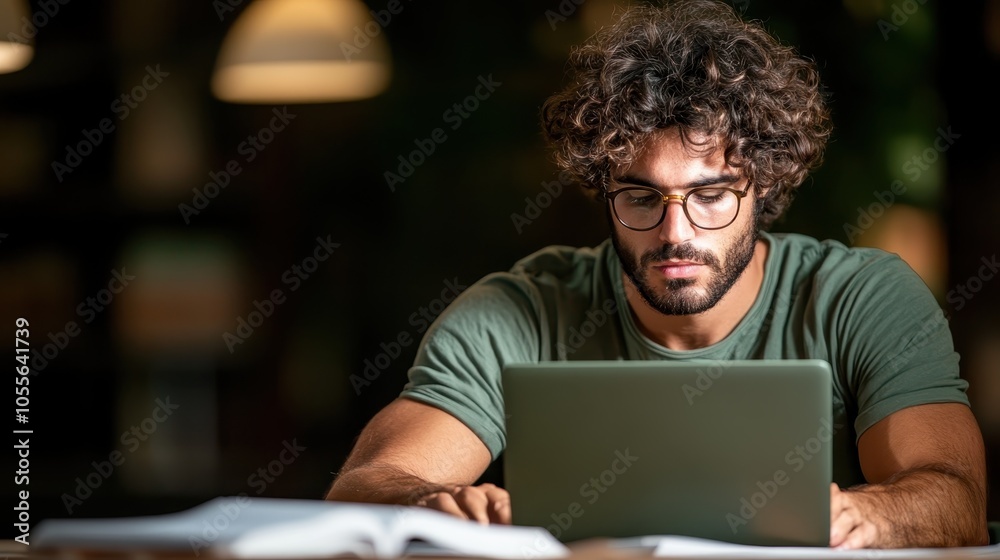 An individual with curly hair and glasses deeply immersed in work or study as he navigates his laptop in a cozy, warmly lit environment rich with ambiance. An individual with curly hair and glasses deeply immersed in work or study as he navigates his laptop in a cozy, warmly lit environment rich with ambiance.