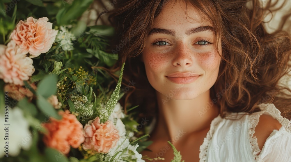 A woman with freckles lies comfortably among a lavish spread of flowers, radiating joy and tranquility in this artistic capture of natural beauty and serenity. A woman with freckles lies comfortably among a lavish spread of flowers, radiating joy and tranquility in this artistic capture of natural beauty and serenity.
