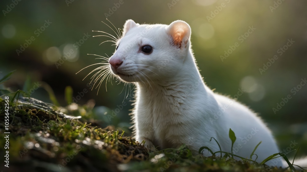 A white animal with whiskers sits on the ground, surrounded by greenery and soft light. A white animal with whiskers sits on the ground, surrounded by greenery and soft light.