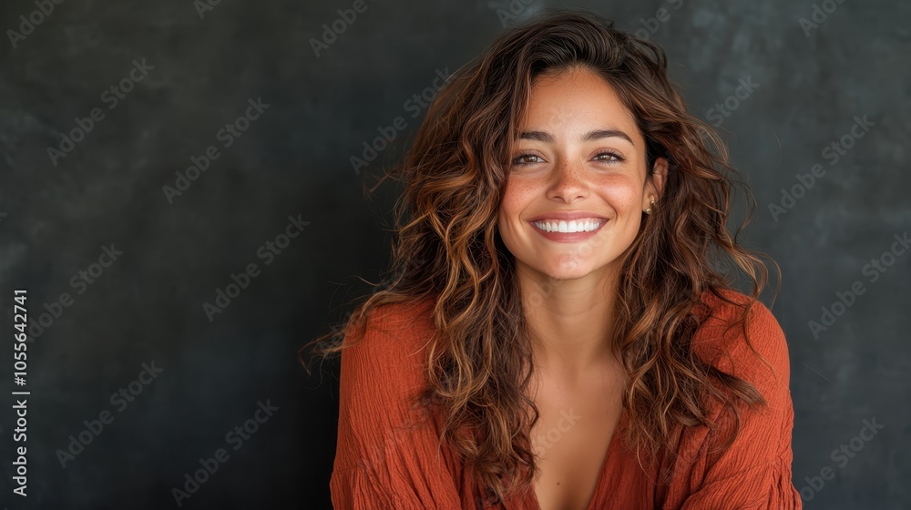 A woman with curly hair and a radiant smile poses against a dark backdrop, embodying natural beauty and confidence through her joyful and expressive demeanor and smile.
