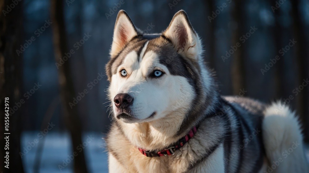 A close-up of a Siberian Husky with striking blue eyes in a snowy forest setting. A close-up of a Siberian Husky with striking blue eyes in a snowy forest setting.