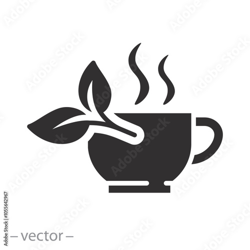 preparation aroma drink icon, hot green or black tea, herbal leaf, cup with steam, mug, flat vector illustration