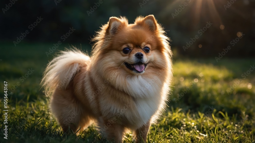 A cheerful Pomeranian dog stands in a sunlit grassy area, exuding happiness and playfulness. A cheerful Pomeranian dog stands in a sunlit grassy area, exuding happiness and playfulness.