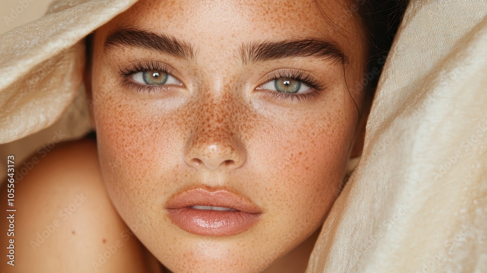 The portrait showcases a serene freckled woman with a captivating expression, surrounded by soft fabric, highlighting her natural beauty and deep gaze. The portrait showcases a serene freckled woman with a captivating expression, surrounded by soft fabric, highlighting her natural beauty and deep gaze.
