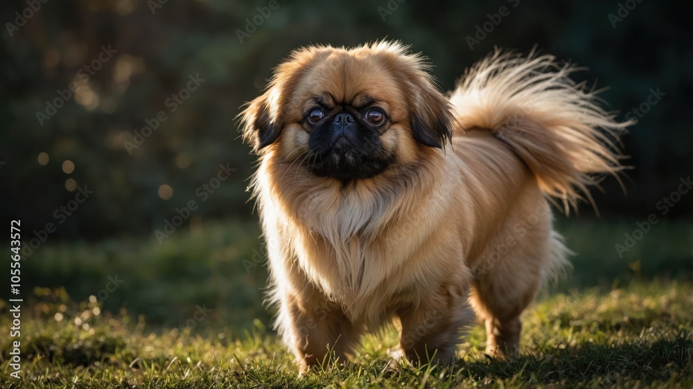 A fluffy dog stands in a grassy area, illuminated by soft sunlight. A fluffy dog stands in a grassy area, illuminated by soft sunlight.