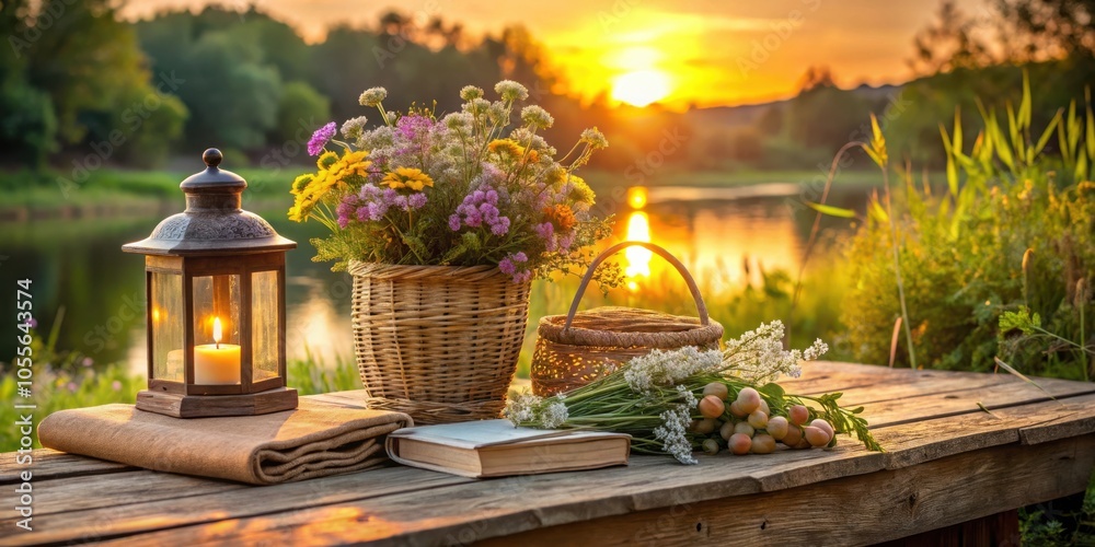 A Rustic Table Setting with a Lantern, Flowers in a Basket, and a Book, Bathed in the Warm Glow of Sunset A Rustic Table Setting with a Lantern, Flowers in a Basket, and a Book, Bathed in the Warm Glow of Sunset