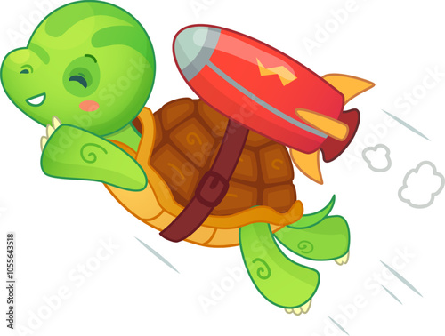 Cheerful cartoon turtle joyfully soars through the sky with a rocket, symbolizing adventure, freedom, and achievement. Perfect for conveying innovation and success in business