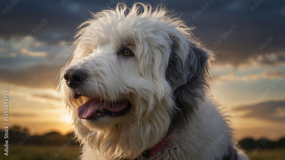 A close-up portrait of a fluffy dog against a sunset backdrop.