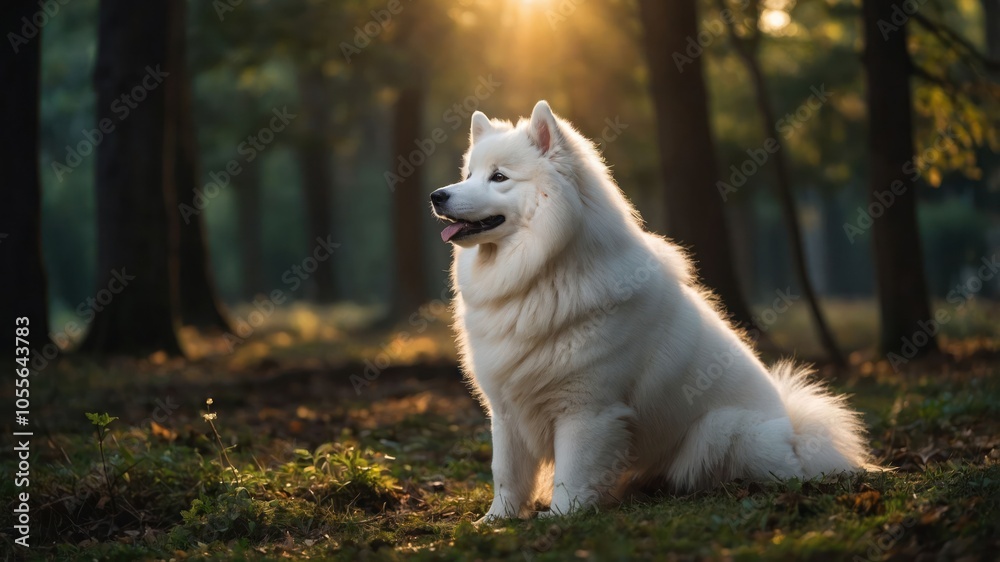A serene white Samoyed dog sitting in a sunlit forest, surrounded by trees and nature.