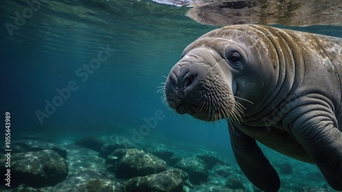 A serene underwater scene featuring a manatee swimming gracefully among rocks.