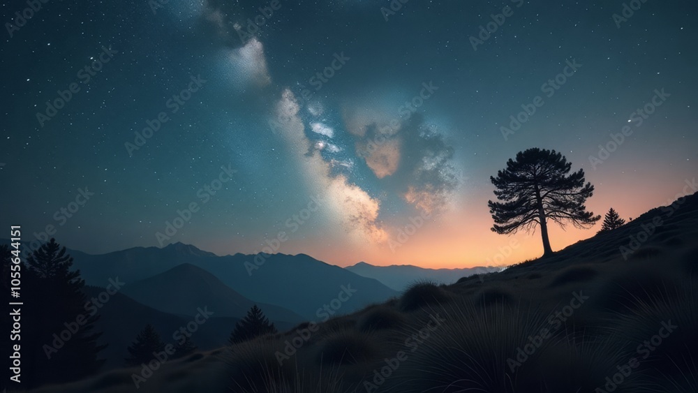 Spectacular milky way over lone tree at twilight with mountain silhouette Spectacular milky way over lone tree at twilight with mountain silhouette