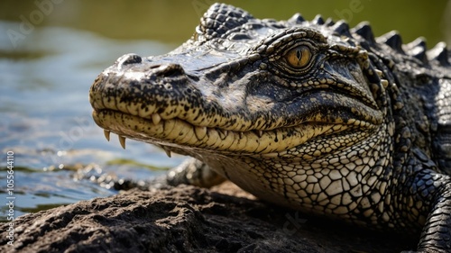 A close-up of a crocodile resting on a rock near water.