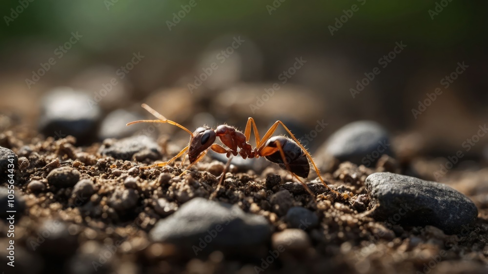 A close-up of an ant on soil, showcasing its details and natural habitat. A close-up of an ant on soil, showcasing its details and natural habitat.