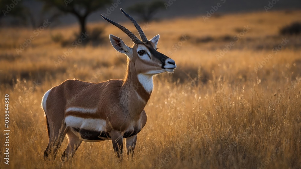 A graceful antelope stands in a golden grassland during sunset. A graceful antelope stands in a golden grassland during sunset.