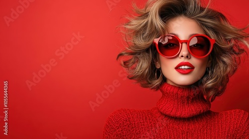 A stylish woman model in a bright red sweater and heart-shaped sunglasses poses confidently against a red background, exuding bold fashion and modern style.