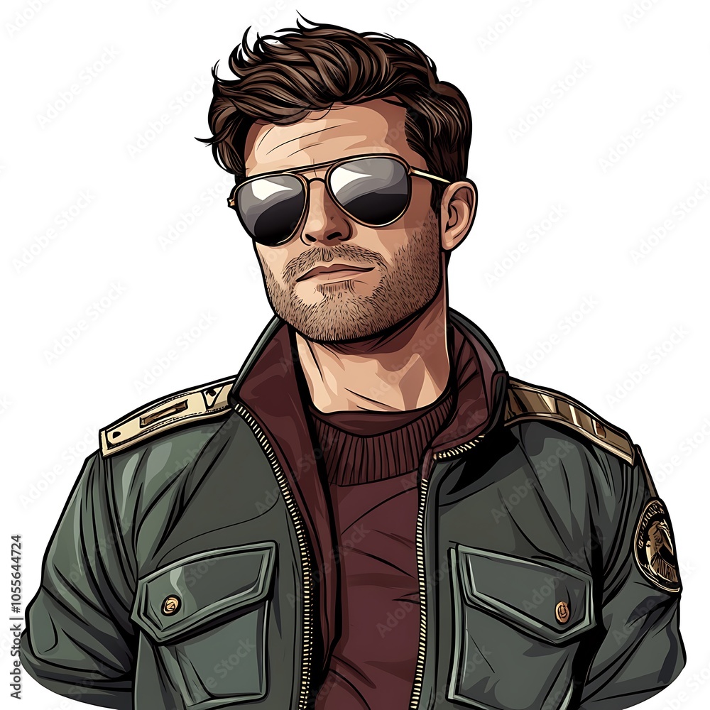 Cartoon pilot in a bomber jacket with aviator sunglasses on a white background. Cartoon pilot in a bomber jacket with aviator sunglasses on a white background.