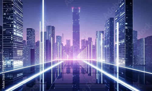 Digital city concept. Artificial Intelligence technology in smart city with blue light lamp