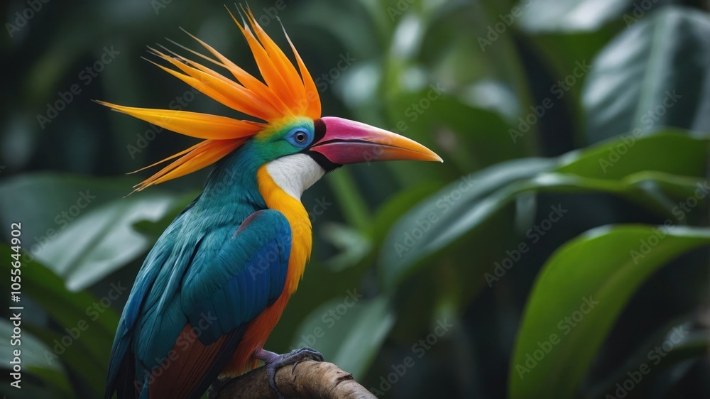 A colorful bird with a striking crest perched among lush green foliage. A colorful bird with a striking crest perched among lush green foliage.