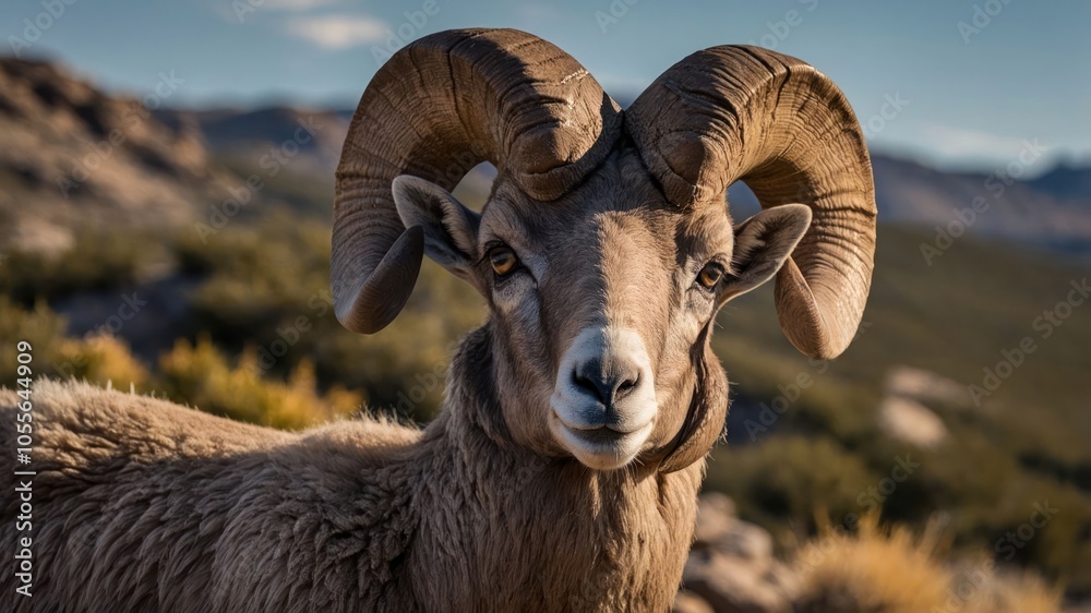 A close-up of a majestic ram with impressive curved horns in a natural landscape.