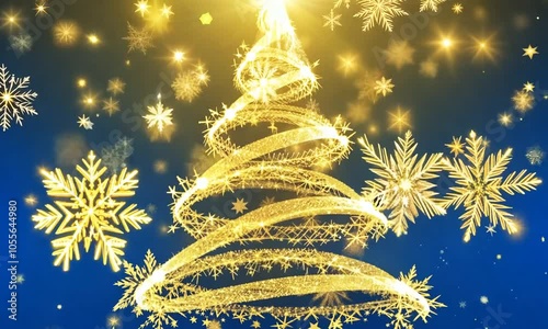Gold background with shiny gold rotating Christmas tree from shiny particles