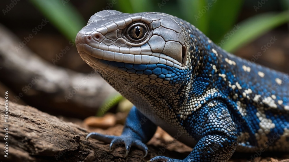 A close-up of a blue-skinned lizard resting on a log in a natural setting.